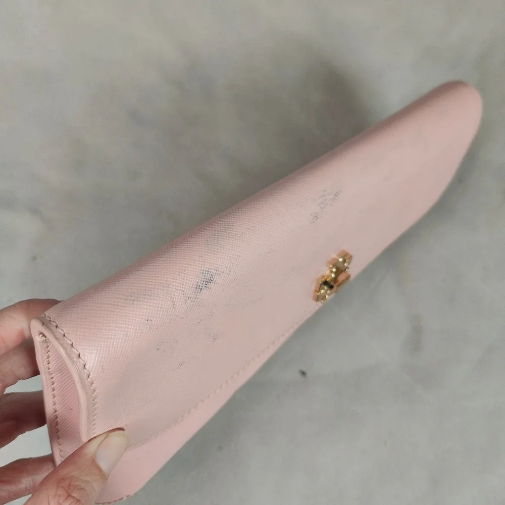 Tory Burch Leather Slim Diana Flap Clutch Blush Pink Saffiano Preppy‎ FLAWS
